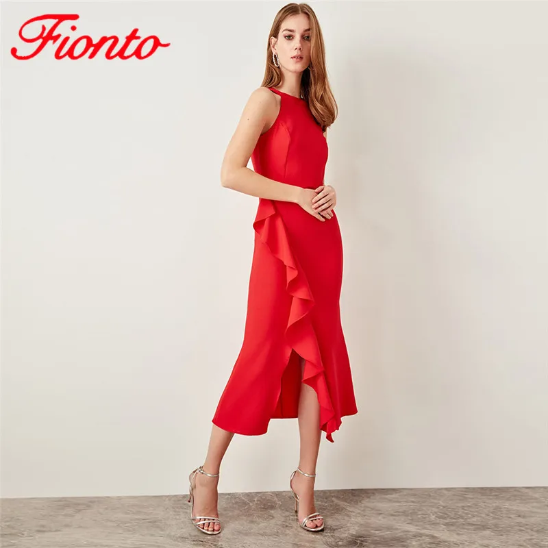 

Summer Sleeveless Party Dress 2019 Sexy Ruffled High Waist Big Split Halter Neck Solid Color Red Midi Dresses Female AN1132