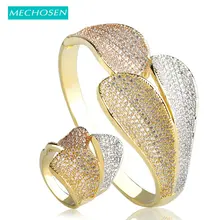 MECHOSEN Новое поступление три цвета Листья Форма браслеты кольцо набор для женщин кубический цирконий медь металлический браслет Aneis ювелирные наборы