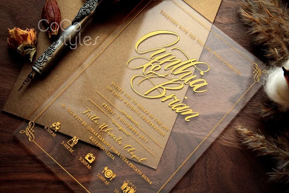  unique clear acrylic invitation card with gold shimmy engraving and matching envelope for luxury we - 32862519474