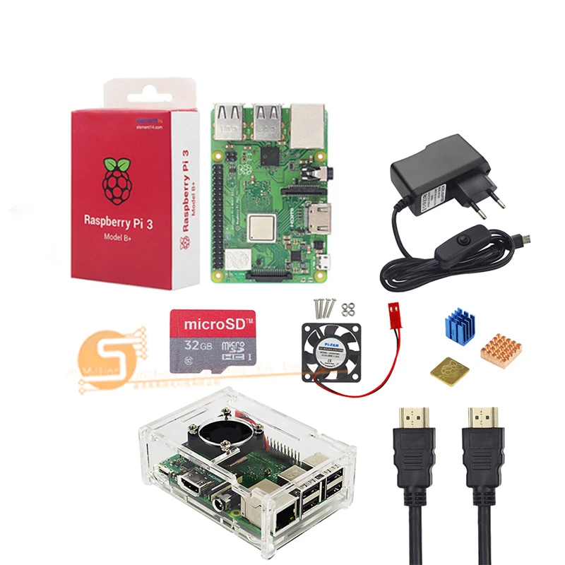 Raspberry Pi 3 Model B +/3 стартовый комплект + чехол + карта 32G + вентилятор + адаптер питания + кабель HDMI + радиатор для RPI 3/3b +