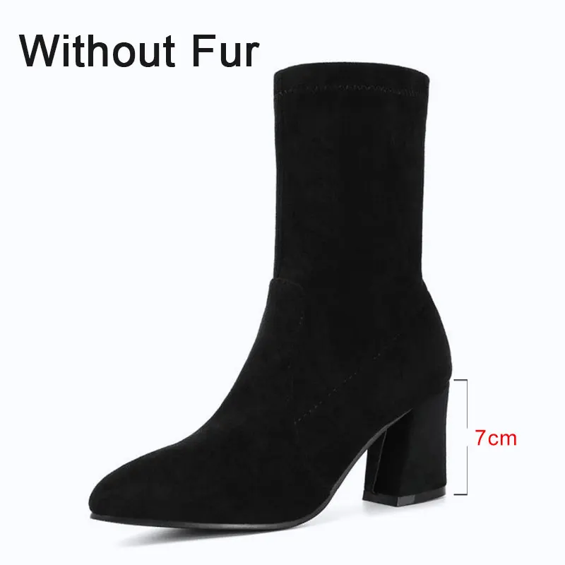 Taoffen/ г., простые черные тянущиеся сапоги Повседневные Удобные Сапоги до середины икры, заостренные Квадратные каблуки женская обувь, размер 34-45 - Цвет: black heel high 7cm