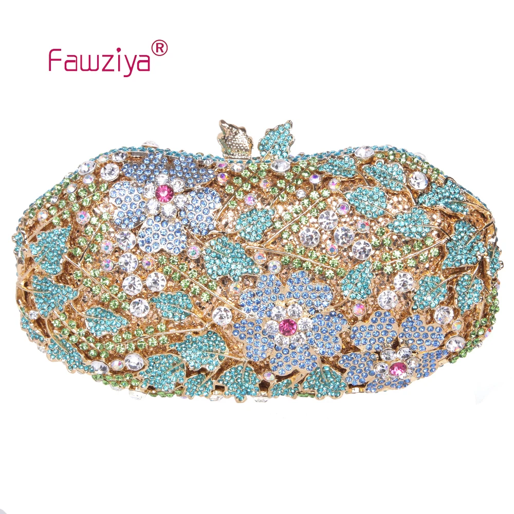 Fawziya Luxury Brand Bag Flower Leaves Bling Crystal Evening Bags Flower Clutch Bag