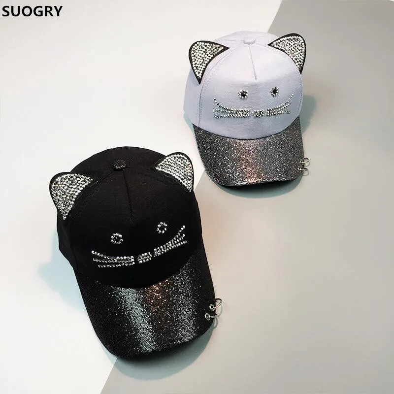 

SUOGRY Rhinestone Snapback Cute Cat Ears Cartoon Baseball Cap Women Casual Sun Hat Gorras Bones Casquette for Woman