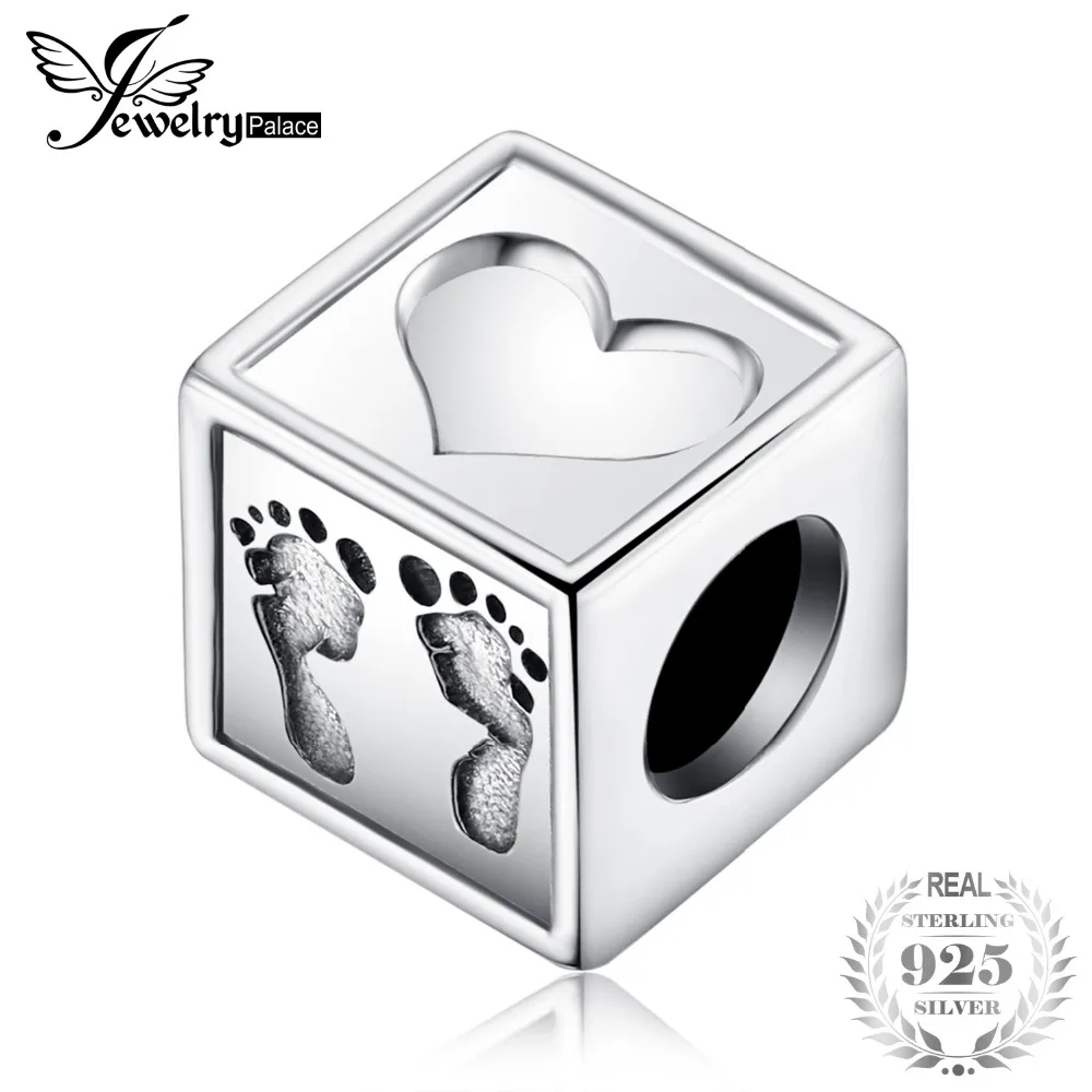 

JewelryPalace Sweet Heart Engraved Footprint And Handprint Square Bead Charm Fit Bracelets For Women New Hot Sale