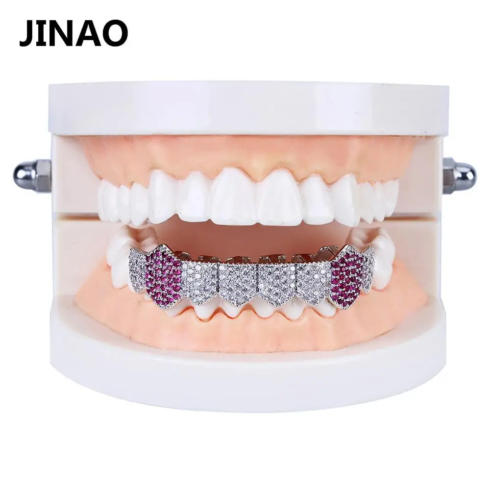 JINAO в стиле «хип-хоп» льдом Зубы вампира grillz Gold посеребренный Micro Pave CZ камни только нижние рта грили holleween подарок Для мужчин - Окраска металла: Silver