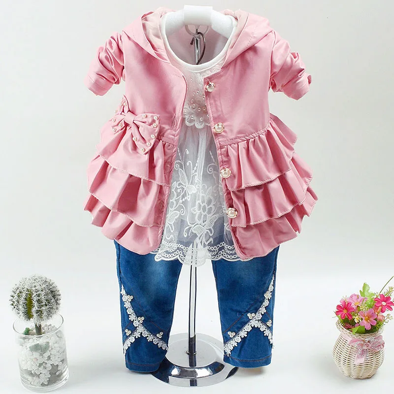 Весенне-осенний комплект одежды из 3 предметов для маленьких девочек 6 мес.-3 лет, белая хлопковая футболка с длинными рукавами, куртка с капюшоном из искусственной кожи и джинсы - Цвет: Розовый