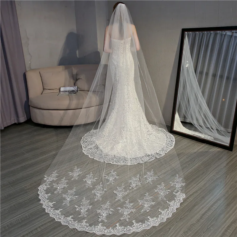 

Simple Wedding Veil with comb for Bridal 3m Length Tulle Appliques Cathedral Bridal Veil One Layer Decoration Voile de mariée
