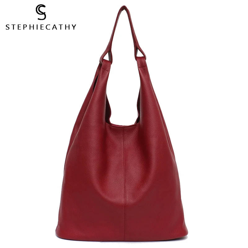SC Large Leather Shoulder Bag Women Causal Vintage Soft Cowhide Skin Handbag Bucket High Quality Shoulder Bags Liner Bag