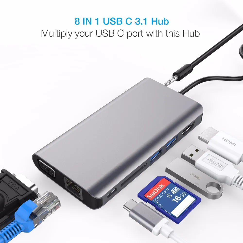 Type C концентратор USB-C 4K HDMI VGA RJ45 SD USB 3,0 ключ для ноутбука или смартфона с разъемом Thunderbolt type C или USB-C 3,1