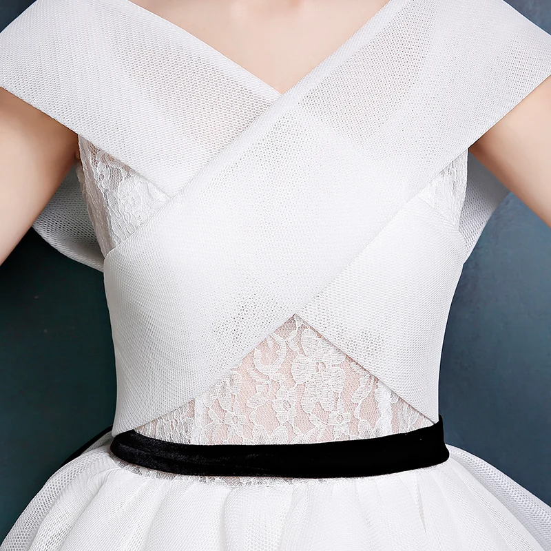 2017 New Design A-line White and Black V-Neck Sleeveless Backless Tea-length Sashes Party Eveing Dress Prom Dresses