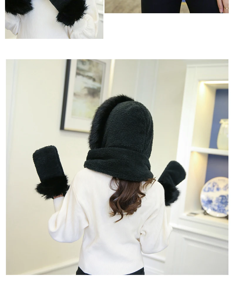 New Korean Version Of The Bib Hat Thick Warm Scarf Hat Gloves Three Pieces One Large Fur Collar Three-Piece Set For Women SN53 (1)