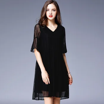 

Nonis Women Summer Lace Dress Female Loose V Neck Half Sleeve Soft No Stretch Dress Solid Black Plus Size Vestido 2019