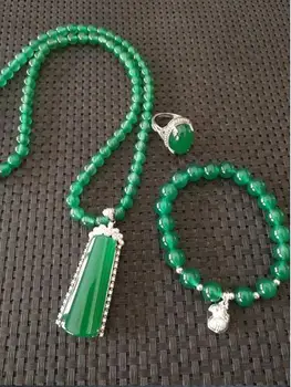 

Chalcedony inlaid with 925 Silver Necklace Pendant, live ring, bracelet, three set, female jewelry gift.