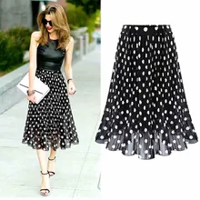 summer Autumn skirts womens Casual high waist skirts Chiffon Dot Pleated elegant elastic Midi Flared Skirt Large size L0710