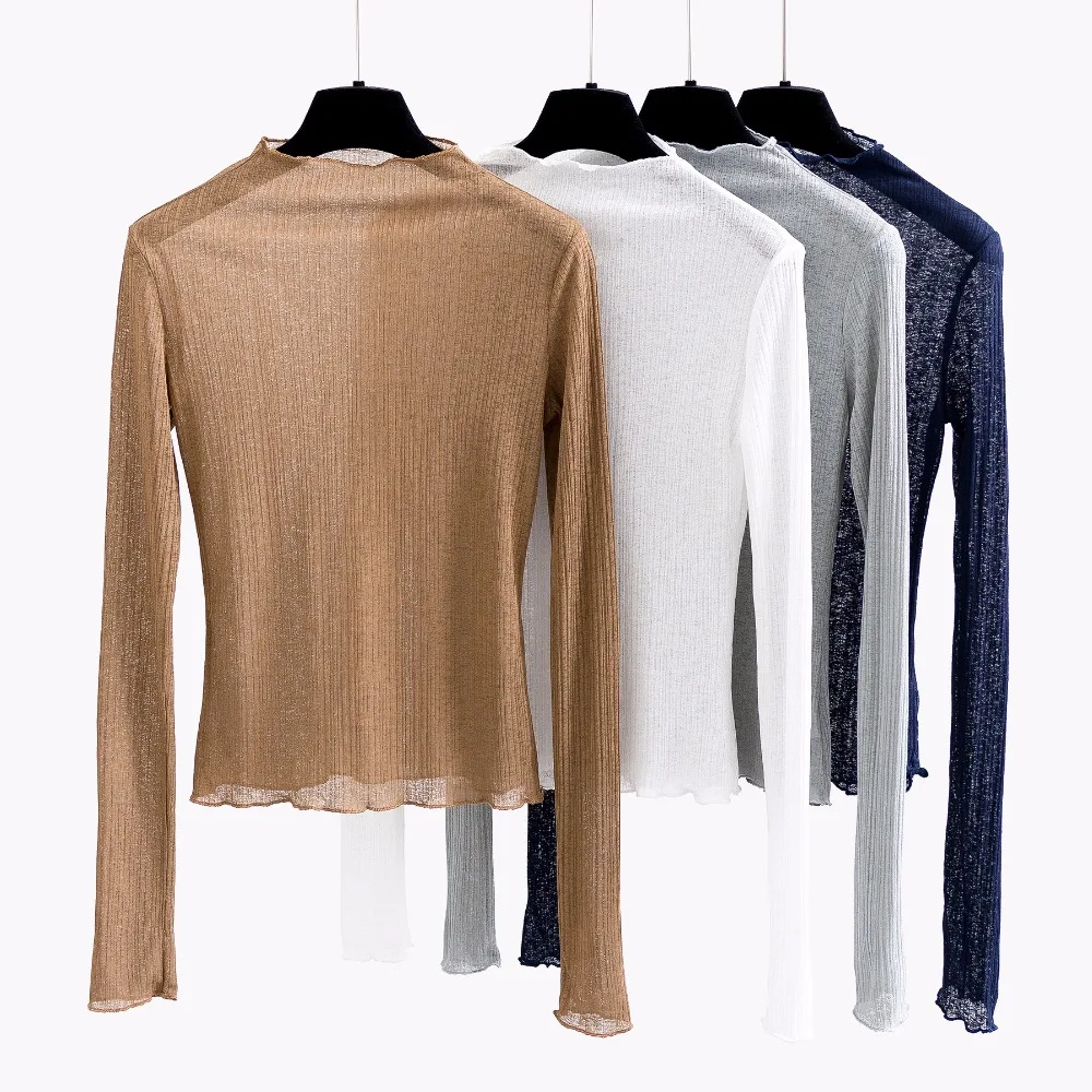 Mock Neck Lettuce Hem Glitter Mesh Blouse Sexy Womens Long Sleeve Tops Black High Neck Elegant