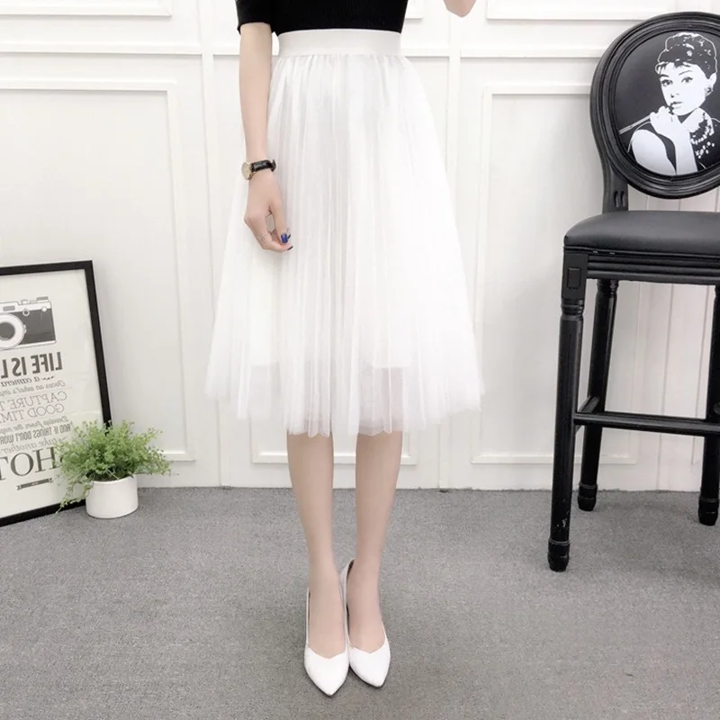 Белая юбка из тюля корейский стиль высокая талия миди плиссированные юбки женские весенние летние резинка на талии сетчатая юбка-пачка