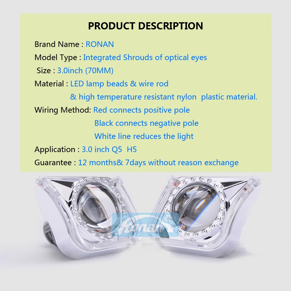 RONAN Светодиодный Интегрированный кожух ангельские маски для глаз переключение Янтарный Белый желтый DRL для 3,0 дюймов WST Q5 линзы проектора bi xenon