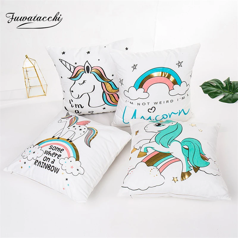 Fuwatacchi Cute Unicorn Cushion Cover Gold Stamping Throw Pillow Cover New Rainbow Christmas Decorative Pillows for Home Chair