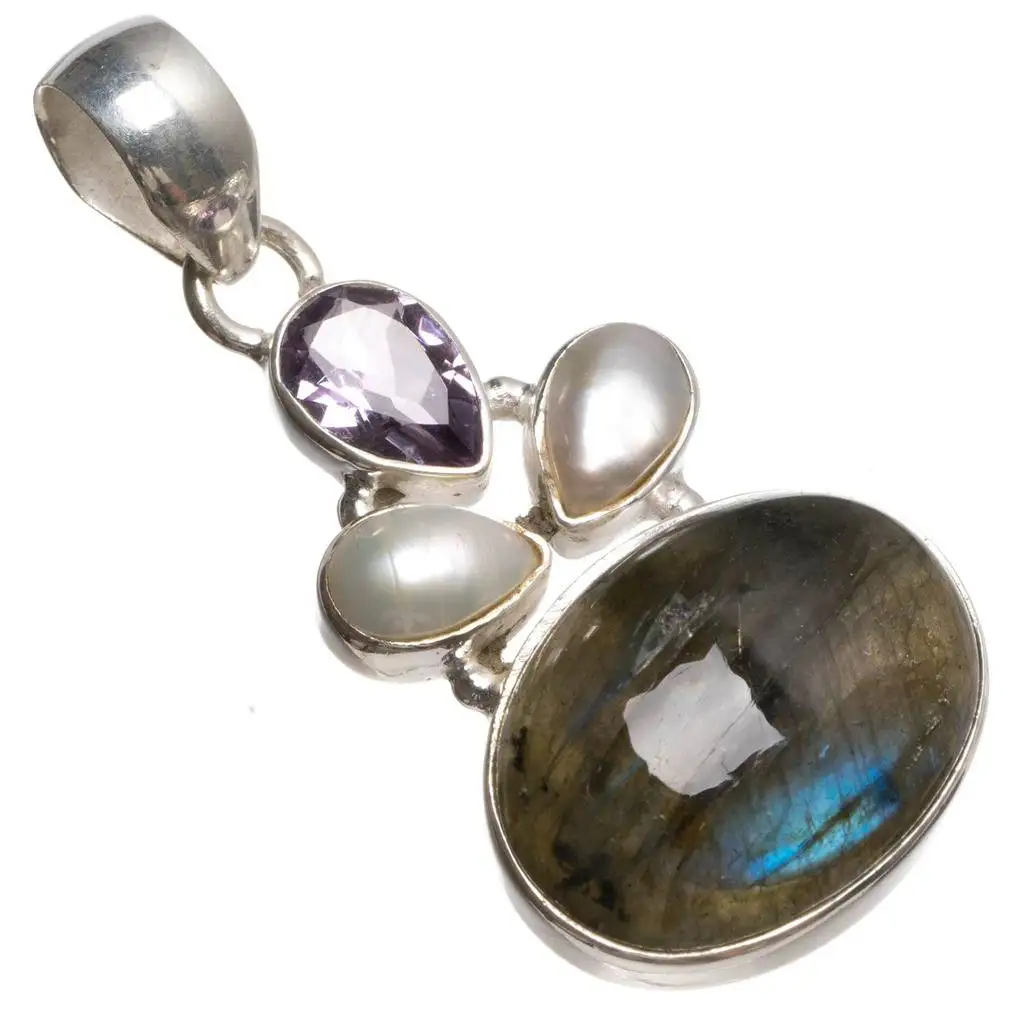 

Natural Blue Fire Labradorite,Amethyst and River Pearl 925 Sterling Silver Pendant 1 3/4" T0306