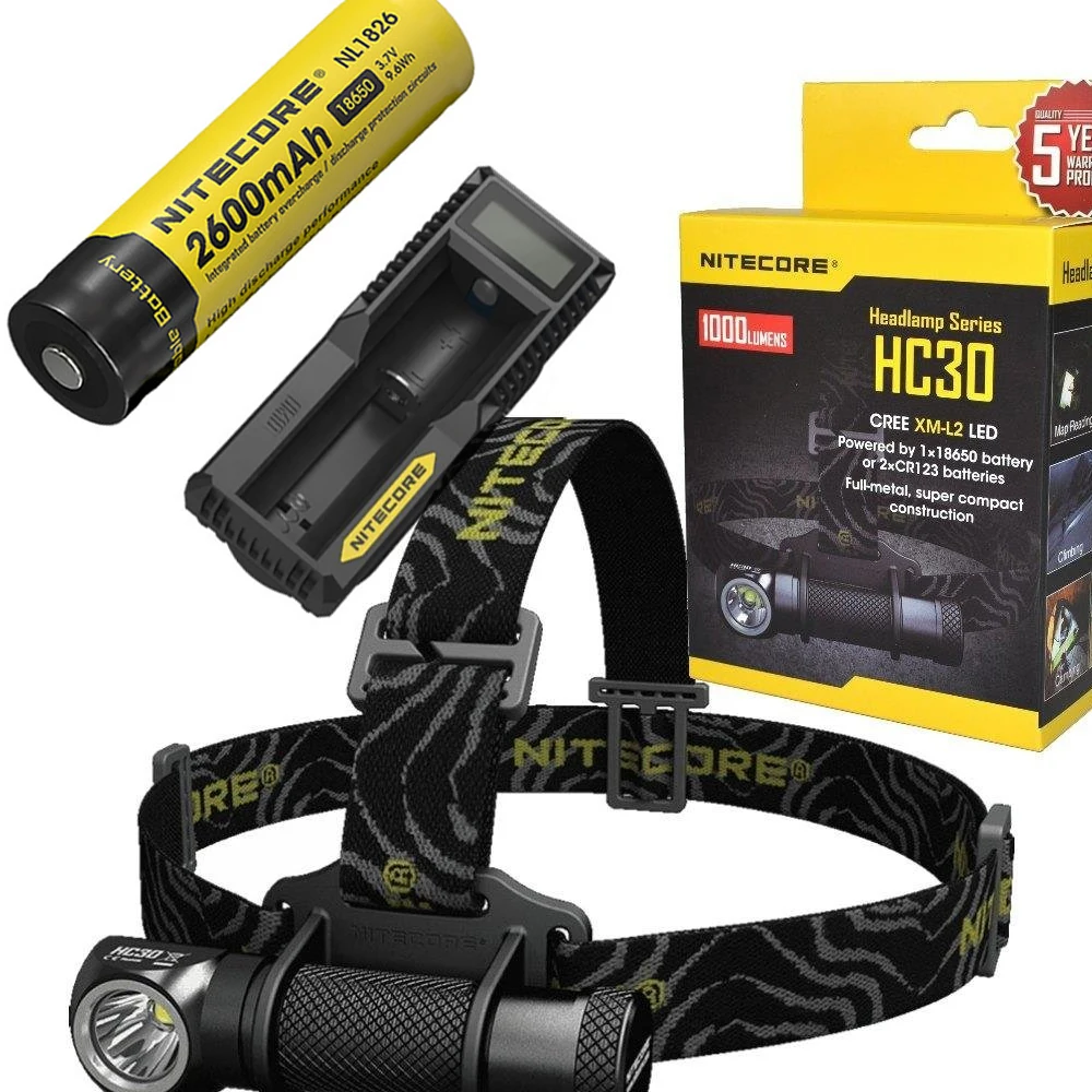 NITECORE HC30 HC30W налобный фонарь CREE XM-L2 U2 1000LM водонепроницаемый фонарик Фонарь с 18650 2600 мА/ч, Перезаряжаемые Батарея+ зарядное устройство