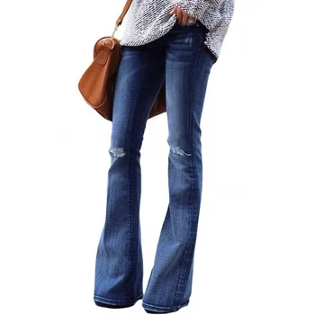 

Women Vintage Hole ripped jeans High Waist Stretchy Button Fit Flare Jeans Ladies Casual wide leg jeans Washed Denim Trousers