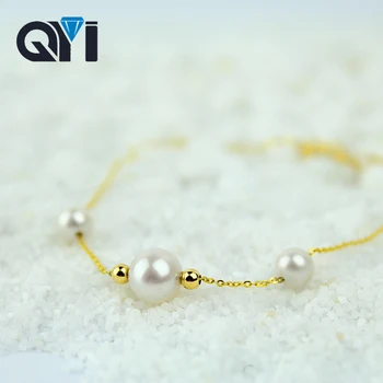 

QYI Jewelry Wedding Engagement Bracelet 18K Yellow Gold Natural Cultured Freshwater Pearl Chain Bracelet Bead Bracelet