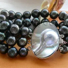 " 3 рядов подлинных природных 12 мм черная жемчужина браслет mabe claspNoble стиль естественно прекрасно jewe быстрая