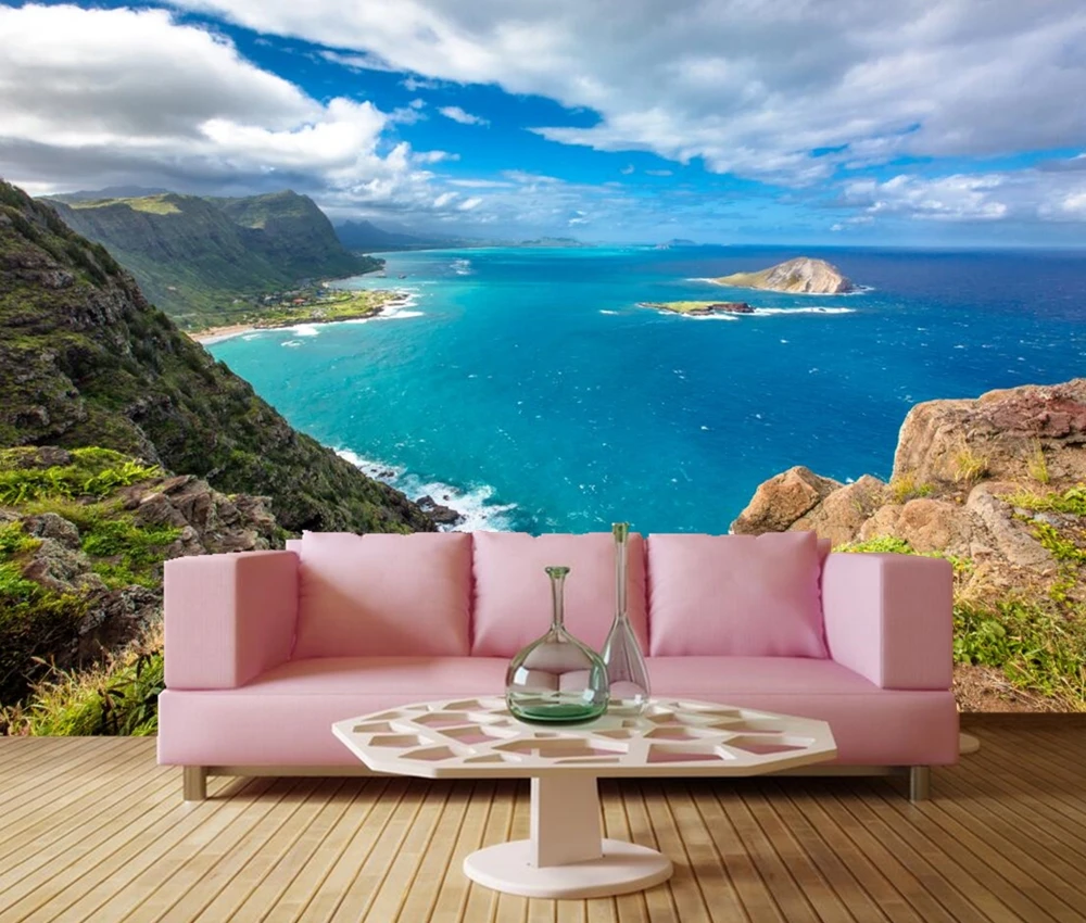 Kustom Mural Daerah Tropis Hawaii Pemandangan Pantai Langit Awan