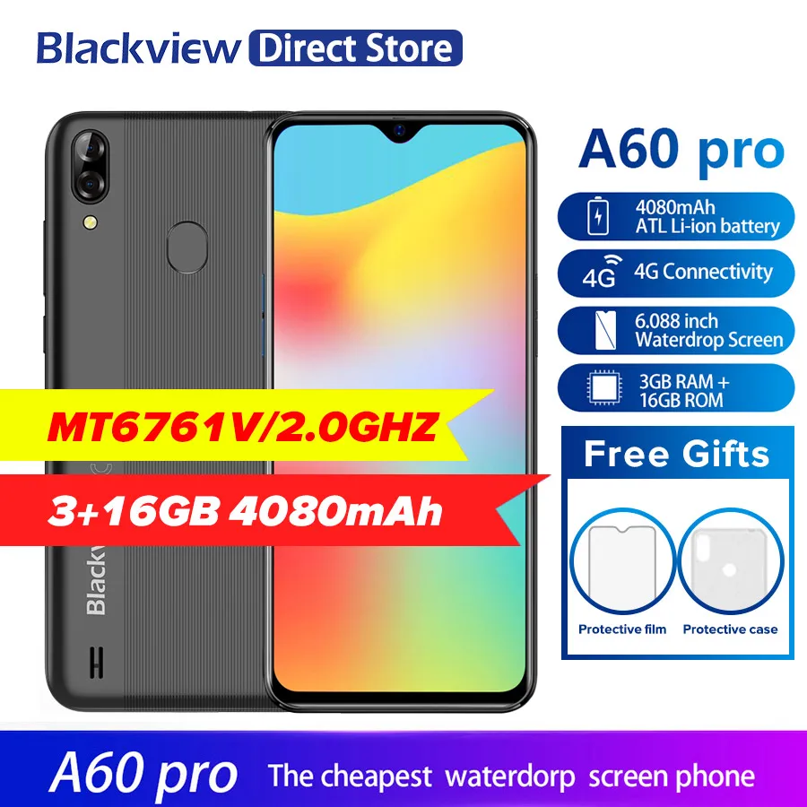 

Blackview A60 Pro Smartphone Quad Core Android 9.0 Pie 4080mAh Cellphone 3GB+16GB Waterdrop Screen Face ID 4G Mobile Phone