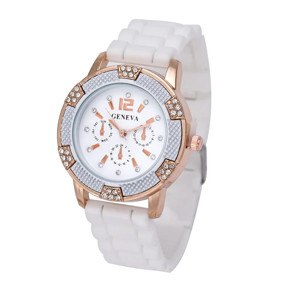 Для женщин розовое золото хронограф силиконовый с кристаллами Стразы ободок силиконовые Relojes Para Mujer круглые часы для женщин