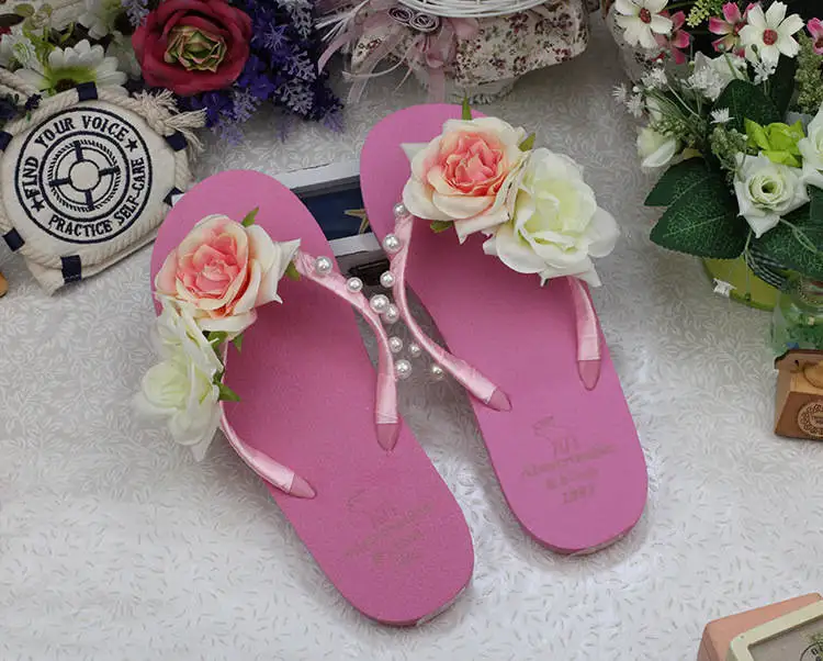 Новое лето высокое качество сладкий ручной искусственные цветы жемчужина вьетнамки, сандалии пляжные тапочки non скольжения леди женщин Флип-флоп - Цвет: pink