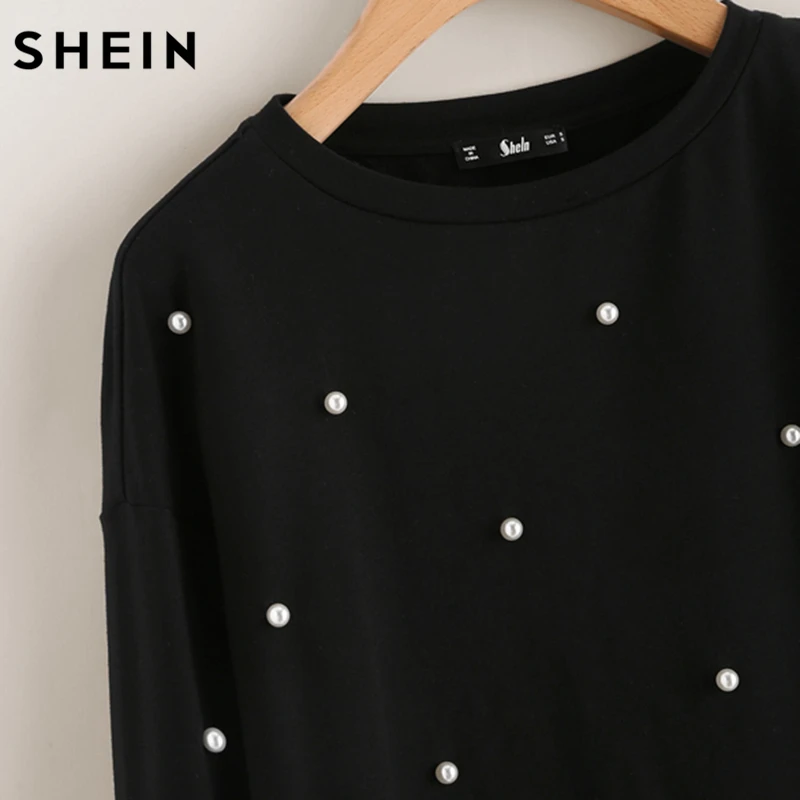  SHEIN Sweatshirt Woman Pearl Beading 2 In 1 Sweatshirt Autumn Women Sweatshirt Black Long Sleeve El