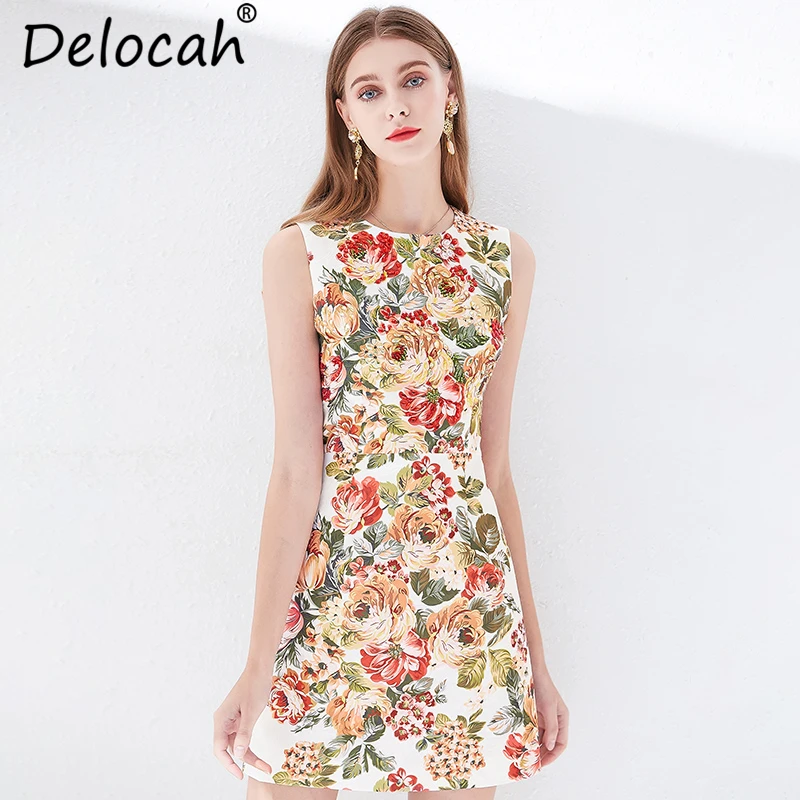 

Delocah Women Spring Summer Dress Runway Fashion Designer Gorgeous Crystal Beading Floral Print Elegant Vintage Vacation Dresses