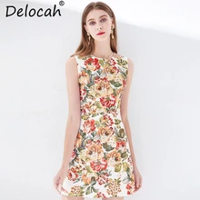 Delocah Women Spring Summer Dress Runway Fashion Designer Gorgeous Crystal Beading Floral Print Elegant Vintage Vacation Dresses