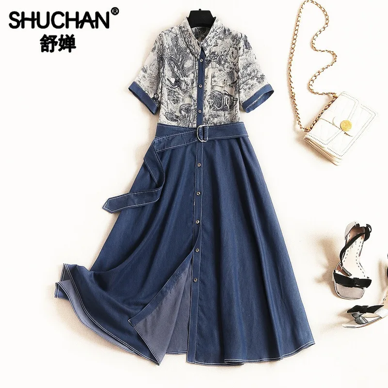 

Shuchan Print Animal Designer Women Dresses 2019 High Quality Patchwork Denim Mid-Calf Sashes New Arrival Women Summer Dresses