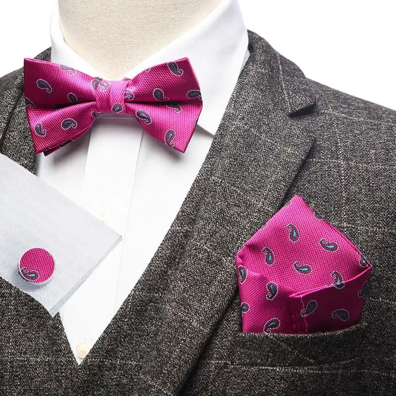 YISHLINE набор-3 мужской галстук-бабочка и платок запонки набор в полоску Цветочный Узор Пейсли мужские галстуки смокинг Свадебные регулируемые - Цвет: 3PBS-41
