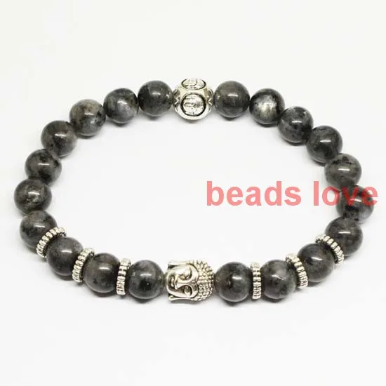 

Handmade New Jewelry Silver Tone Buddha Head Bracelets With 8mm Natural Labradorite Larvikite Stone Beads (W03370)