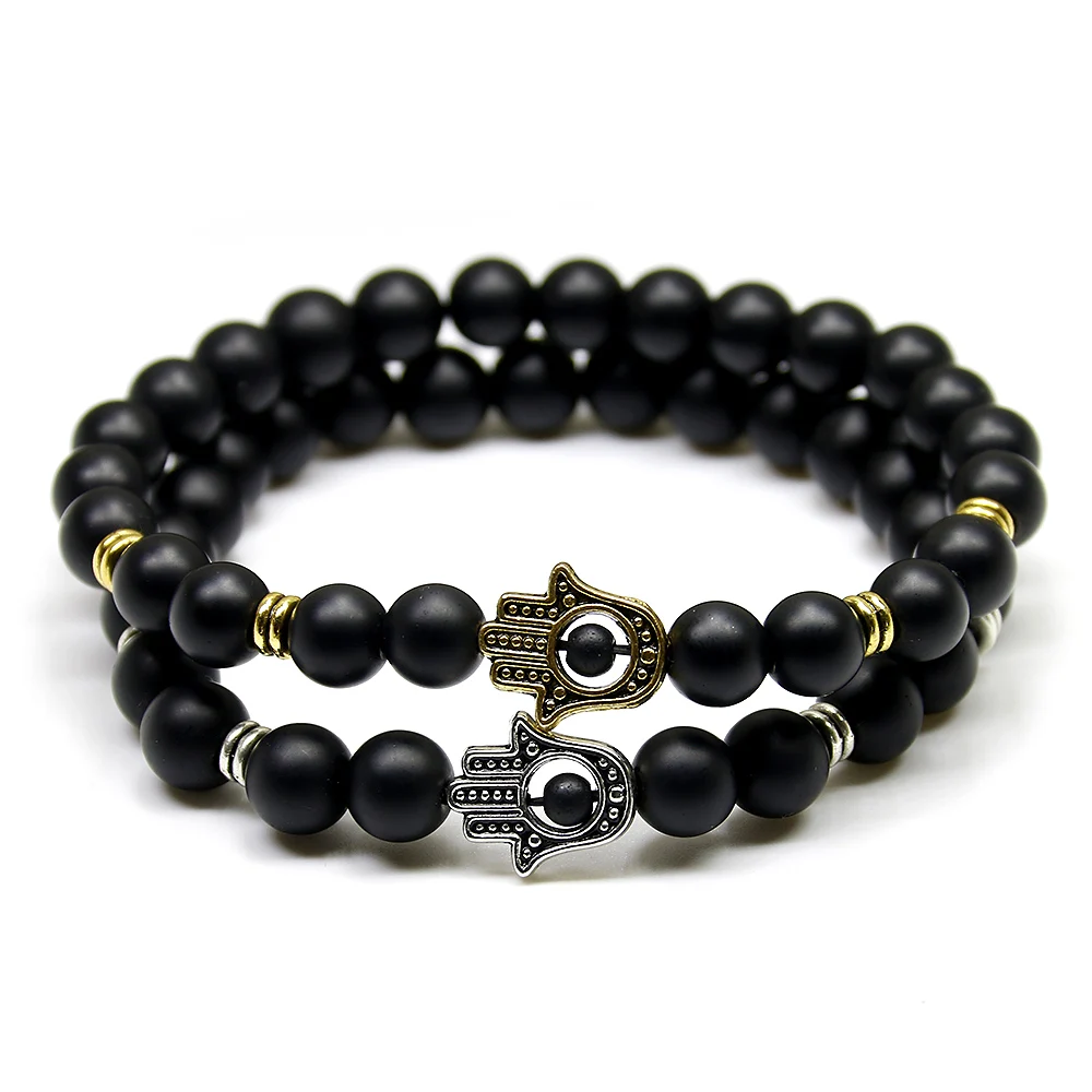 8mm Black Natural Matte Bead Stone Beaded Bracelet Women eye Palm Hand