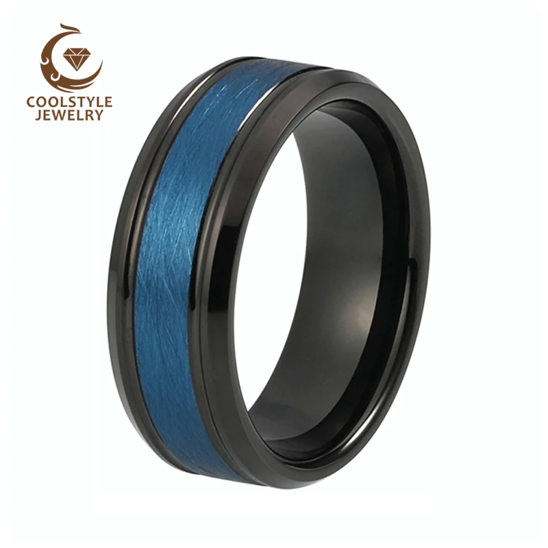 Men's 8mm Black Blue Tungsten Carbide Rings Special Brushed Center