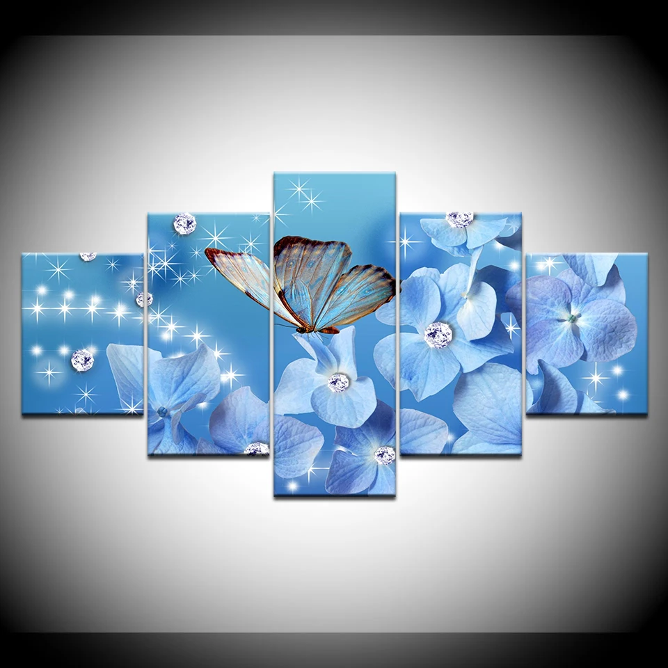 5 Panels Modern Wall Painting Light Blue Flowers And Butterfly Abstract Home Wall Art Picture