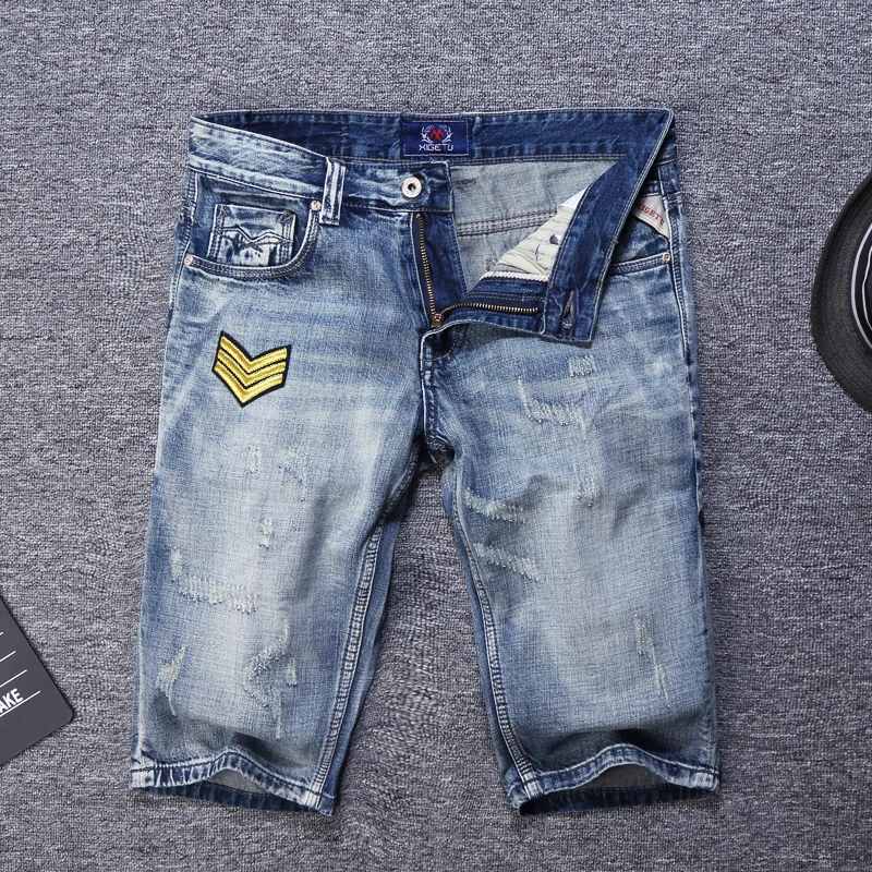 

Summer Fashion Men Jeans Shorts Blue Color Patches Designer Ripped Jeans Men Denim Shorts Streetwear Hip Hop Short Jeans Homme