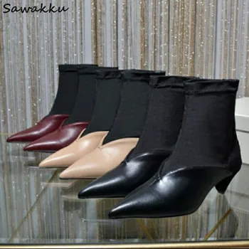 

Leather Stretch Fabric Patchwork Ankle Boots Spring Autumn Pointed Toe High Heels Woman Shoes New Design Zip Zapatos Mujer