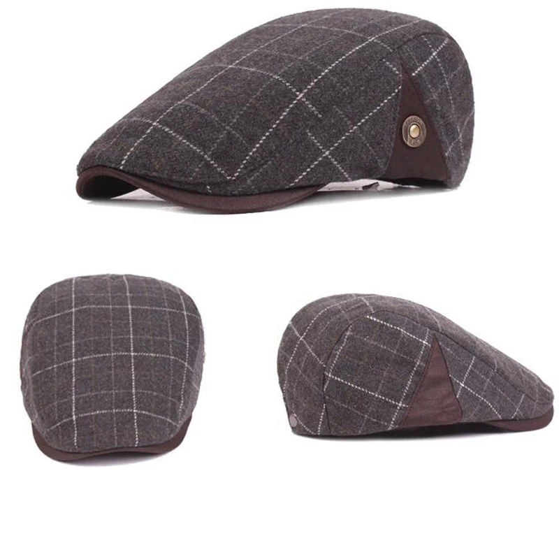 QIUBOSS Colored Plaid Plain Wool Felt Newsboy Caps for Men Autumn Winter Warm Beret Old Man Forward Hat Male Trilby Casquette