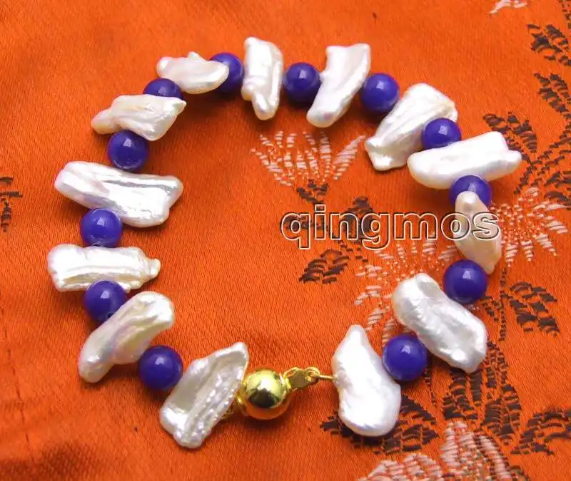 

SALE 12-15mm White Natural Freshwater Biwa Pearl and 6mm Round Blue beads 7.5'' Bracelet-bra328 Free shipping Wholesale/retail