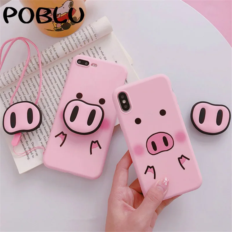 POBLU Cute Pink Girl Case For iPhone XR XS Max Shell Silicone Phone Stand Holder Cover 6S 8 7Plus Cartoon Pig Lanyard |