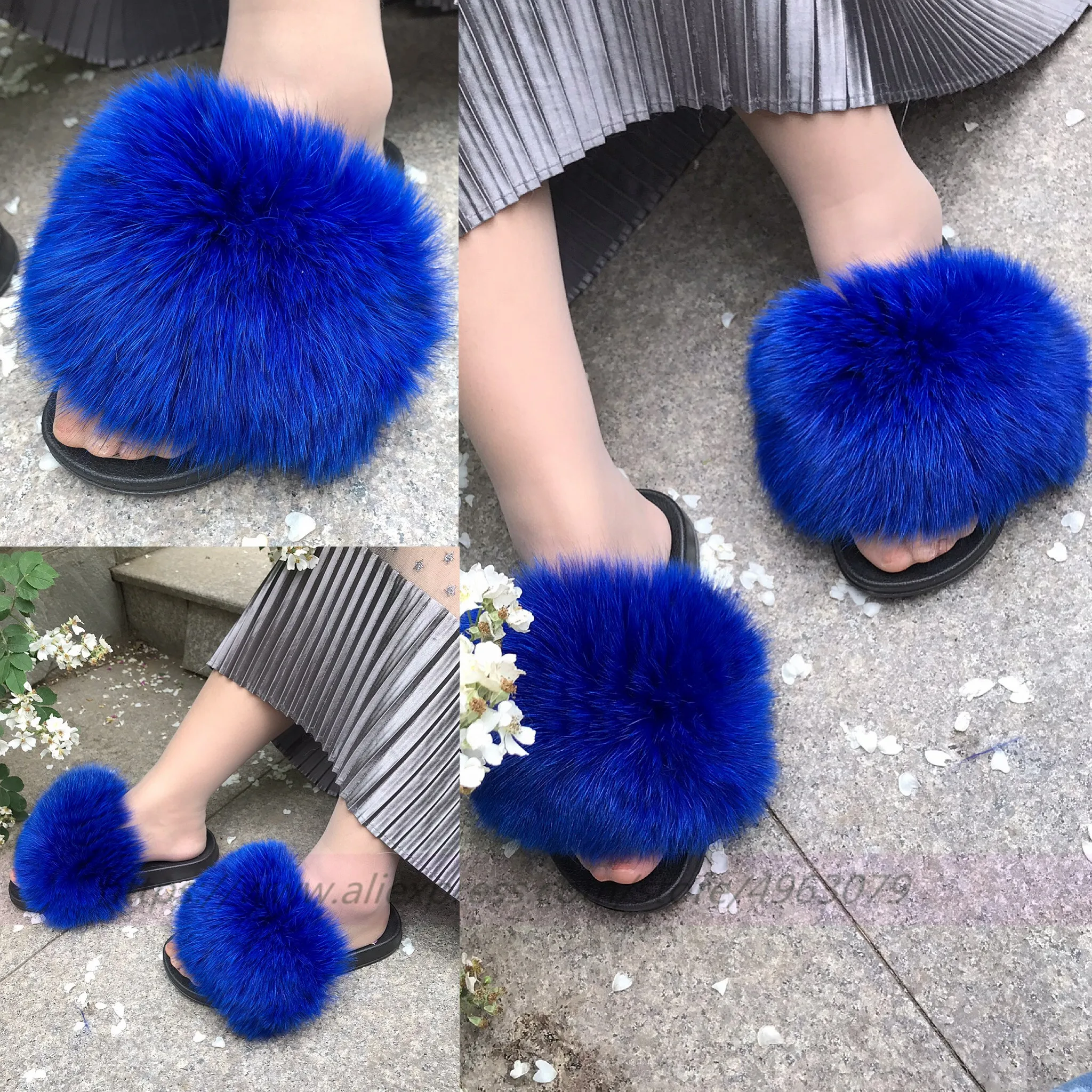 

FunFur - Women's Slides Fashion Summer Slippers Real Fox Fur Royal Blue Sandals Indoor Outdoor Slides Shoes