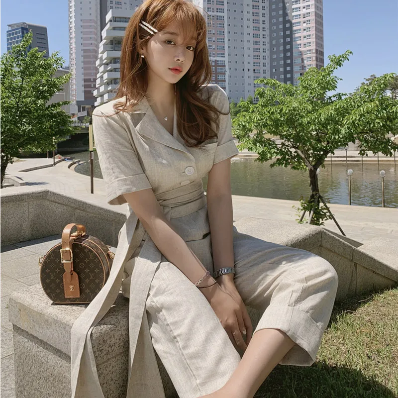 

Summer Cotton and Linen Jumpsuit Notched Collar Short Sleeve Overalls for Women Lace Up Romper Womens Jumpsuit Long Bodysuit