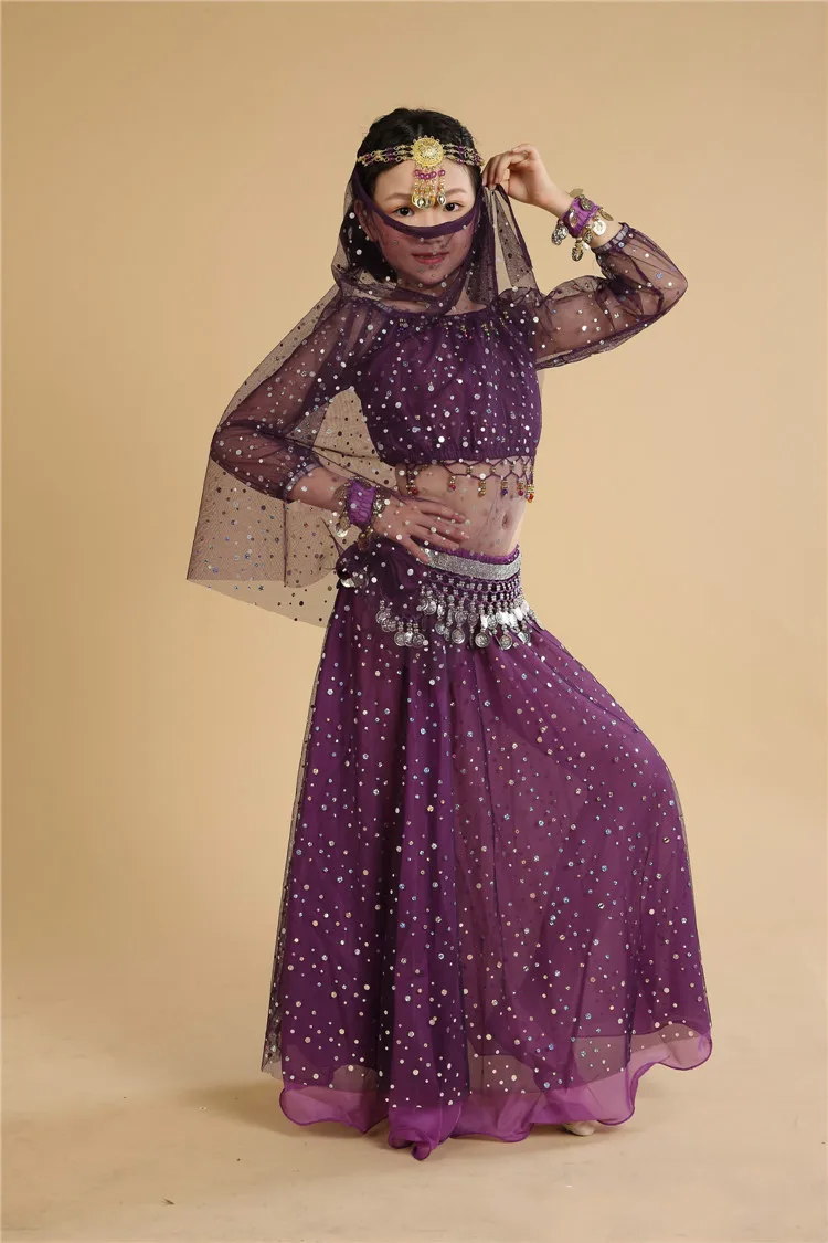 Детская одежда для индийских танцев, костюм из 5 предметов для девочек, комплект(топ, платье, вуаль, цепочка на талии и браслет), Танцевальные Костюмы Болливуда - Цвет: purple