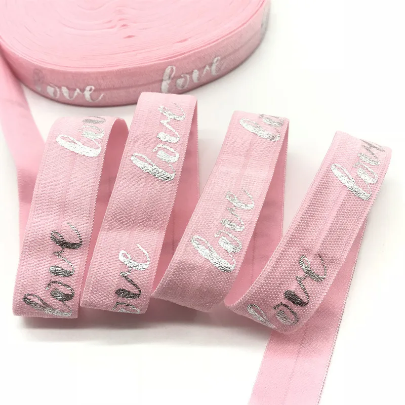 5Y 16mm Silver Love Print Pink Fold Over Elastic Hairbands for