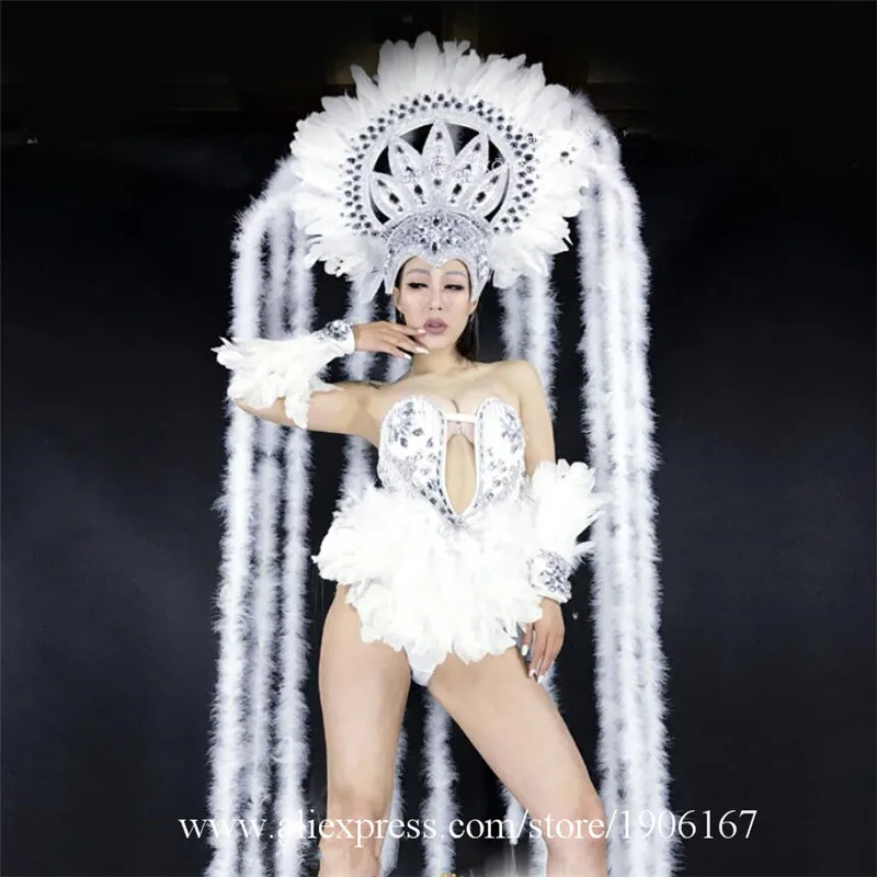 Nightclub DS White Atmospheric Feather Nine-tailed Fox Costume Dance Team GOGO Performance Party White atmosphere04